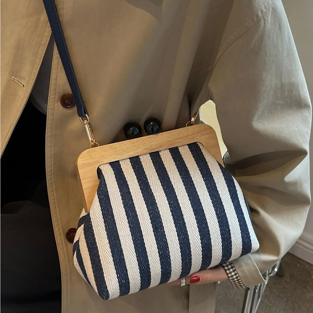 Navy and White Striped Clutch with Wooden Frame
